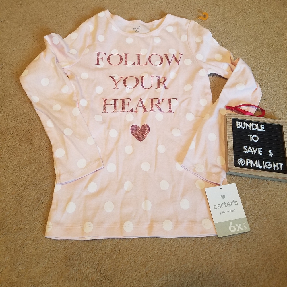 Carter's Long Sleeve T-shirt New 6X Pink with White Polka Dot Glitter